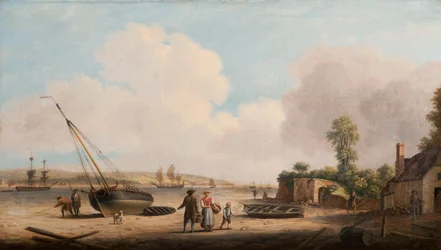 Ansicht von Gravesend mit einem gestrandeten Fischerboot und Schiffen im Ästuar, 1770